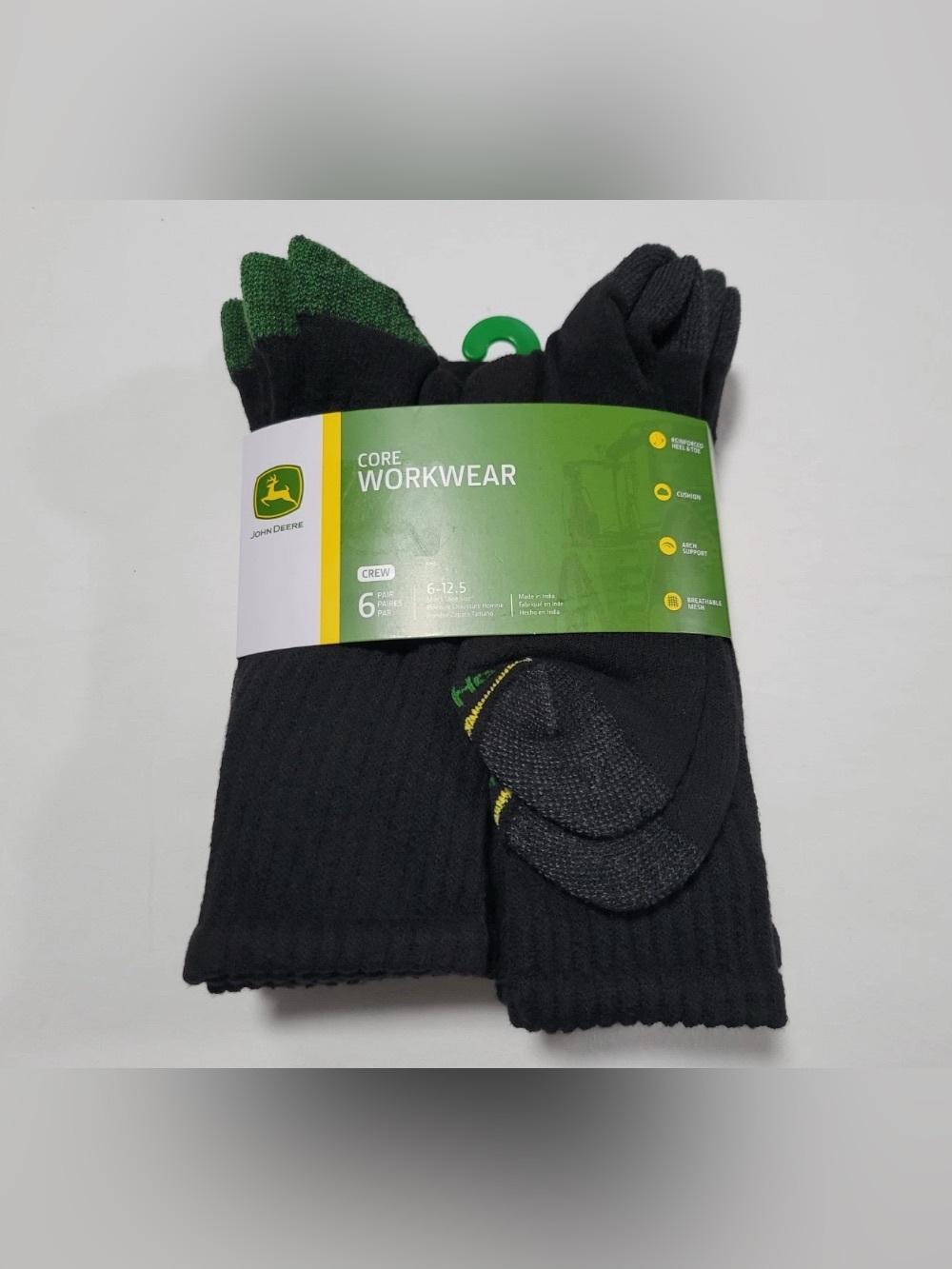 John Deere Black Crew Athletic Socks work socks boot cushioned 6 pairs